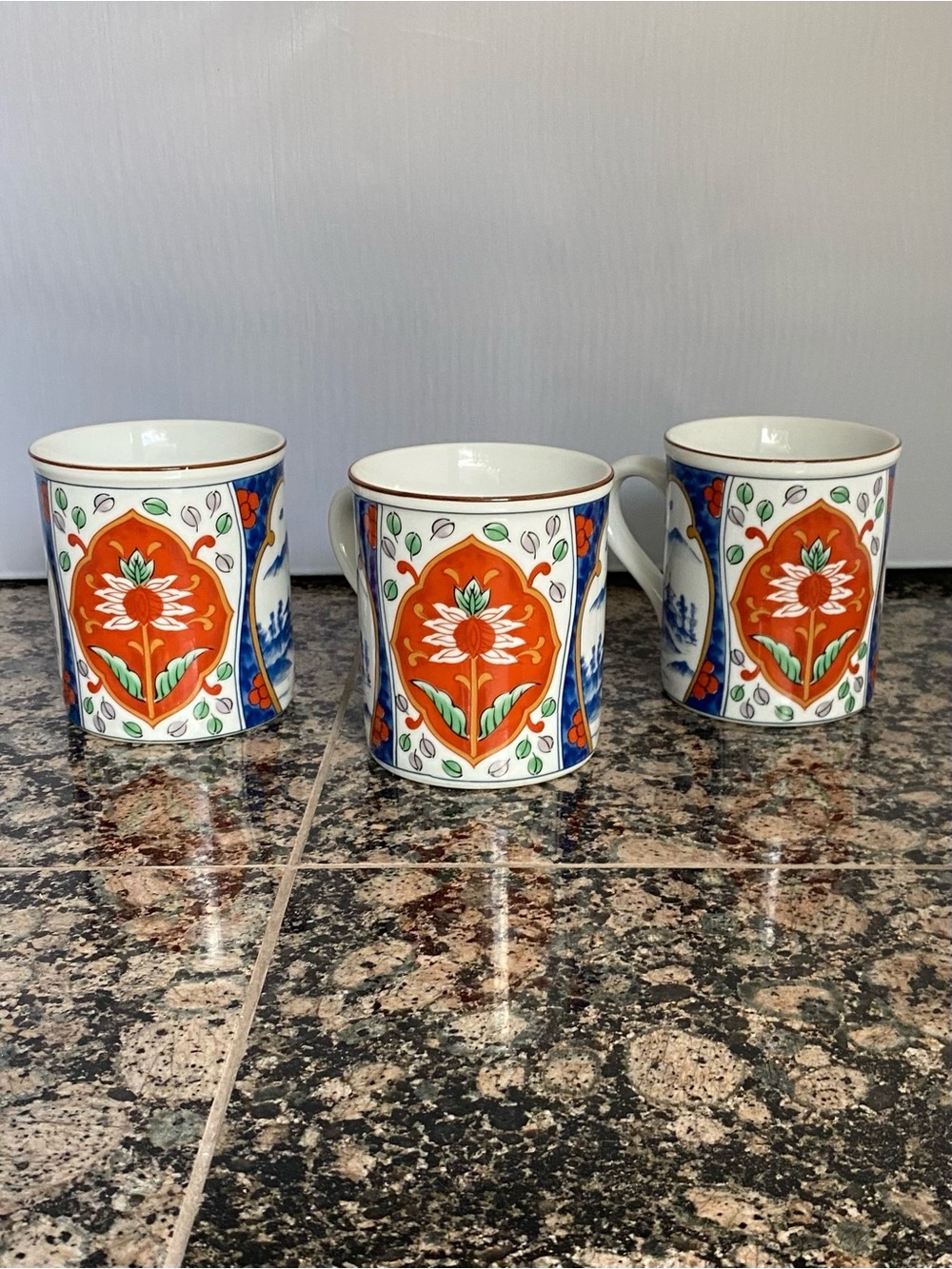 Decorative Asian Motif Ceramic Mugs - Set of 3